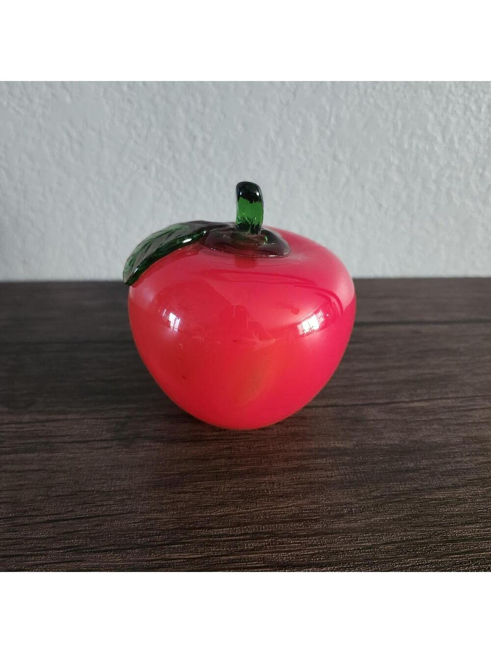 Vintage Hand Blown Glass Bright Red Apple Art Glass Fruit Paperweight 4.5 in